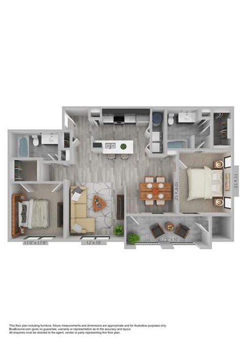 Floor plan for 2 beds, 2 baths, 1101 sqft